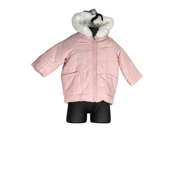 First Impressions Girls Puffer Jacket Pink Fur Trim Hodded Long Sleeve Zip 12M - Picture 4 of 6